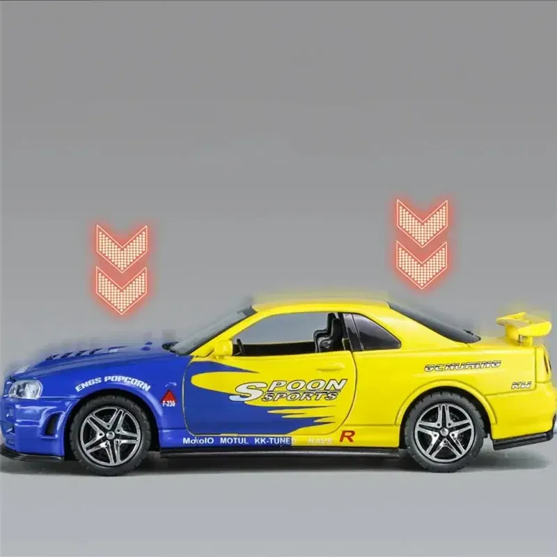 Color: Silver - 1:32 Nissan Skyline Ares GTR R34 Alloy Sports Car Model Diecast Metal Toy Racing Car Model Simulation Sound Light Childrens Gift