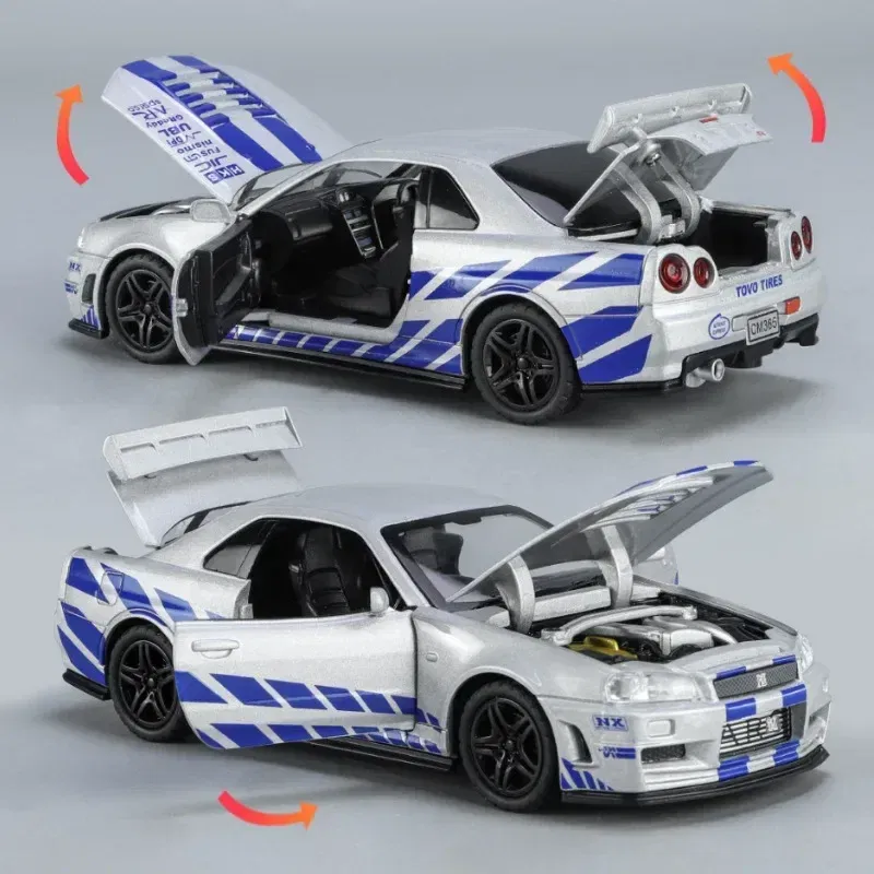 Color: Silver - 1:32 Nissan Skyline Ares GTR R34 Alloy Sports Car Model Diecast Metal Toy Racing Car Model Simulation Sound Light Childrens Gift