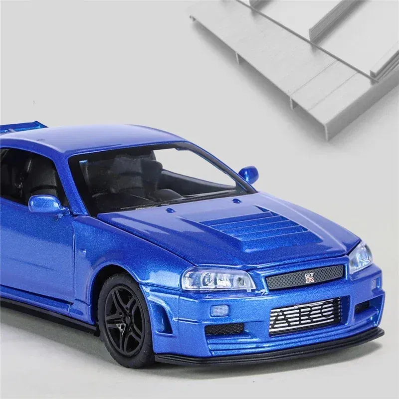 Color: Silver - 1:32 Nissan Skyline Ares GTR R34 Alloy Sports Car Model Diecast Metal Toy Racing Car Model Simulation Sound Light Childrens Gift