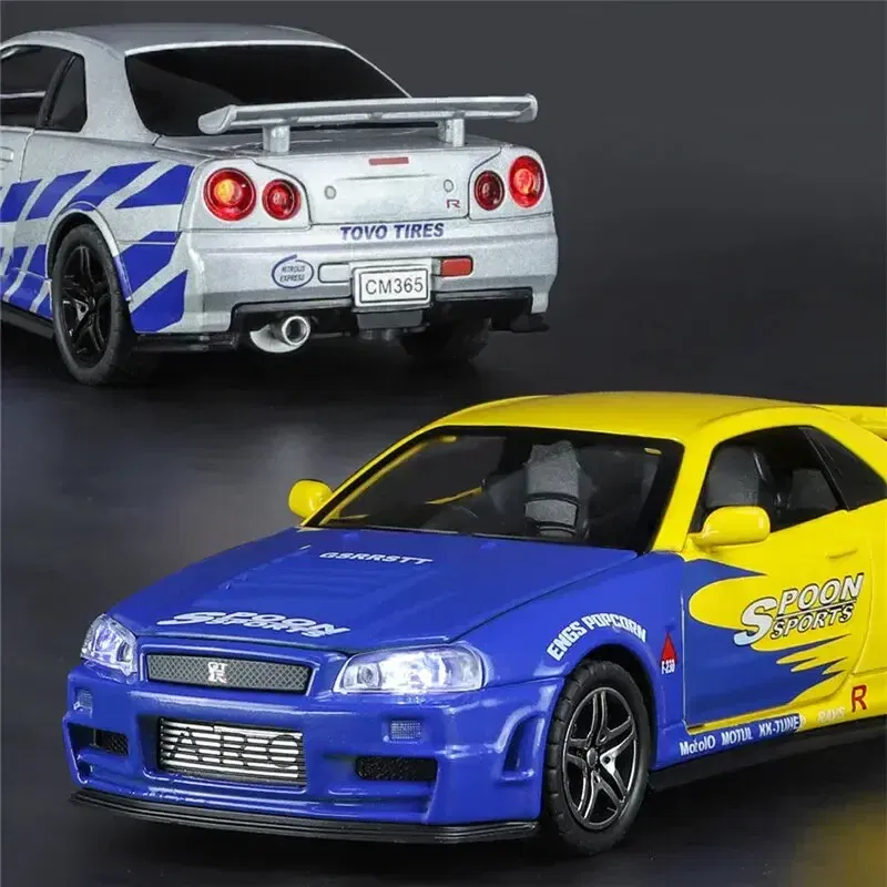 Color: Silver - 1:32 Nissan Skyline Ares GTR R34 Alloy Sports Car Model Diecast Metal Toy Racing Car Model Simulation Sound Light Childrens Gift