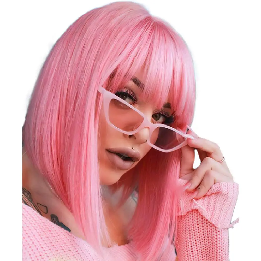 Color: T1B/PURPLE, Stretched Length: 12inches - 12-inch pink short straight hair synthetic wig for cosplay, pompadour hairstyle, daily high-temperature hair wig