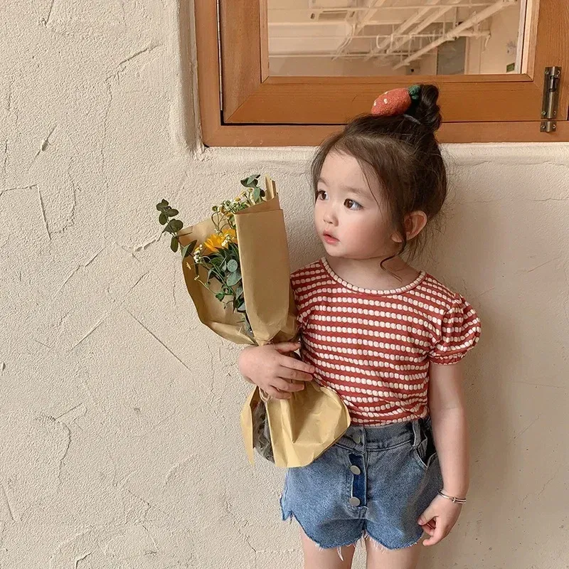 Color: Black, Kid Size: 2T - 2024 Summer Baby Girls T-shirts Kids Girl Striped Puff Short-sleeve Tops Fashion Bowknot Backless Children Clothing Toddler Tees