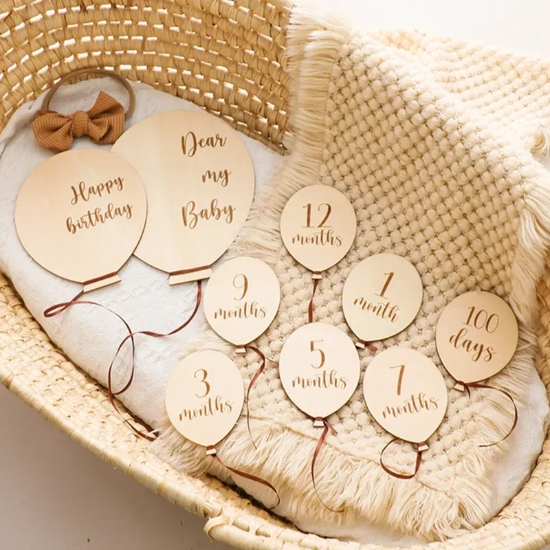 Color: Light Grey, Ships From: CHINA - Baby Balloon Milestone Number Monthly Memorial Month Card Newborn Baby Wooden Engraved Age Photography Accessories Birthing Gift