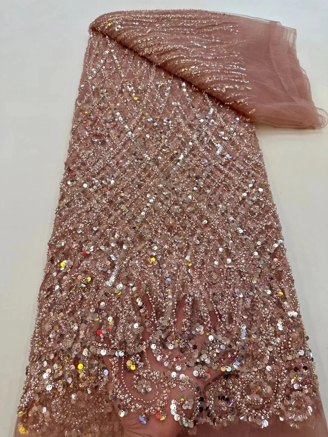 Color: pink, Width: 120cm, Length: 5 yards - Ni Ai African Sequins Beaded Groom Lace Fabric High Quality French Tulle Lace Fabric 2025 Embroidery Nigerian Lace Fabrics