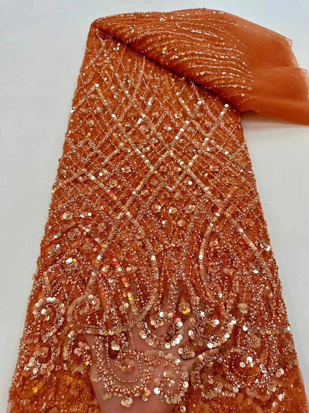 Color: pink, Width: 120cm, Length: 5 yards - Ni Ai African Sequins Beaded Groom Lace Fabric High Quality French Tulle Lace Fabric 2025 Embroidery Nigerian Lace Fabrics