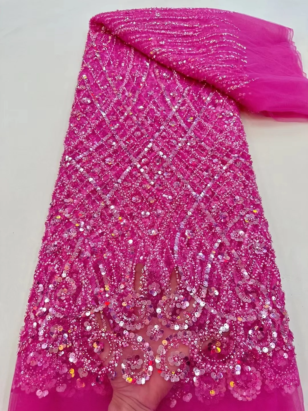 Color: pink, Width: 120cm, Length: 5 yards - Ni Ai African Sequins Beaded Groom Lace Fabric High Quality French Tulle Lace Fabric 2025 Embroidery Nigerian Lace Fabrics