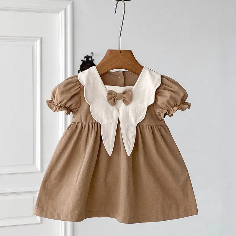 Color: Beige, Kid Size: 4T - 2024 New 0-4Yrs Baby Girl Clothing Short Sleeve Cotton Splicing Kids Princess Dresses Baby Girl Party Dress