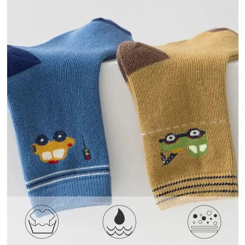 Color: Beige, Size: 7-9T - Autumn Socks Baby Socks Cute Truck Car Pattern Socks Boys Medium Socks Kids Autumn Winter Cotton Socks 5packs