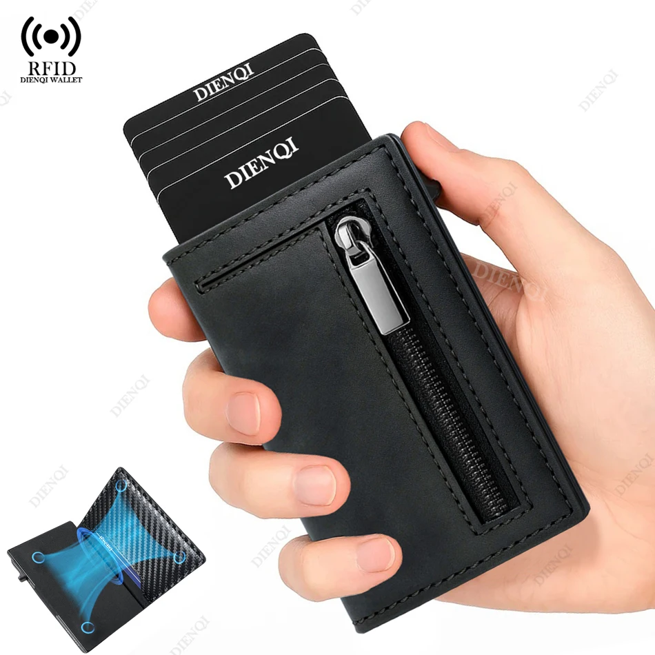 Color: Brown - Rfid Credit Card HolderMen Wallets Luxury Money Bag Purse Metal Aluminium Slim Thin Small Smart Minimalistic Wallets for Men