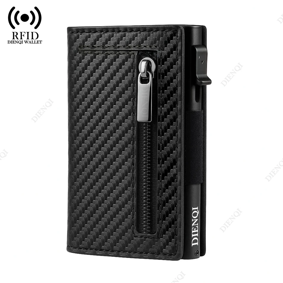 Color: Brown - Rfid Credit Card HolderMen Wallets Luxury Money Bag Purse Metal Aluminium Slim Thin Small Smart Minimalistic Wallets for Men