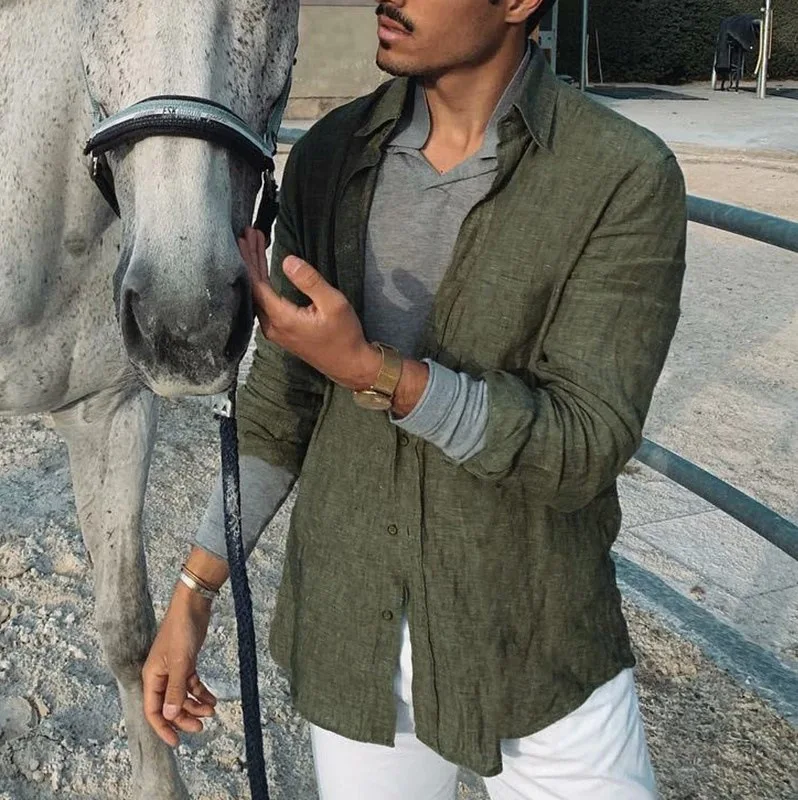 Color: WHITE, Size: M, Sale by Pack: Pack of 1 - Men's new men's long sleeve buttoned cotton linen shirt lapel cardigan