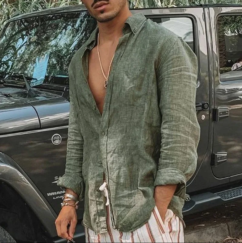 Color: WHITE, Size: M, Sale by Pack: Pack of 1 - Men's new men's long sleeve buttoned cotton linen shirt lapel cardigan