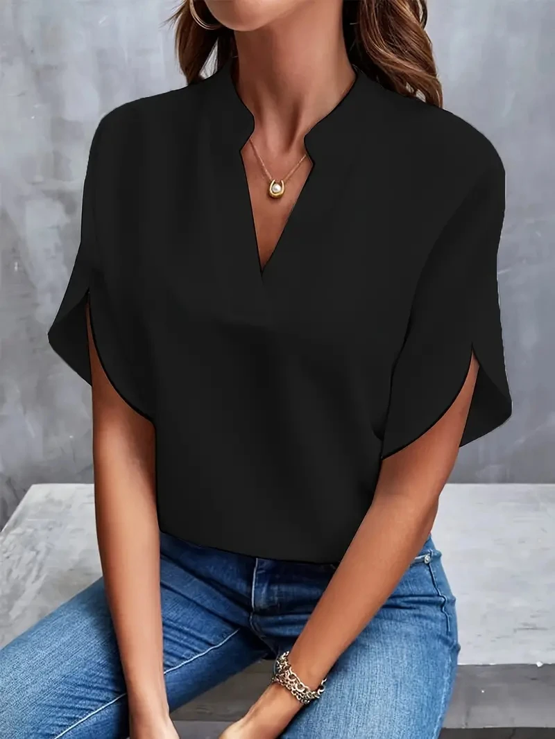Color: Blue, Size: M - Women Elegant Solid Chiffon Blouse Spring Summer Casual Long Sleeve V Neck Loose Shirt Office Lady Tunics Oversized Tops 2024