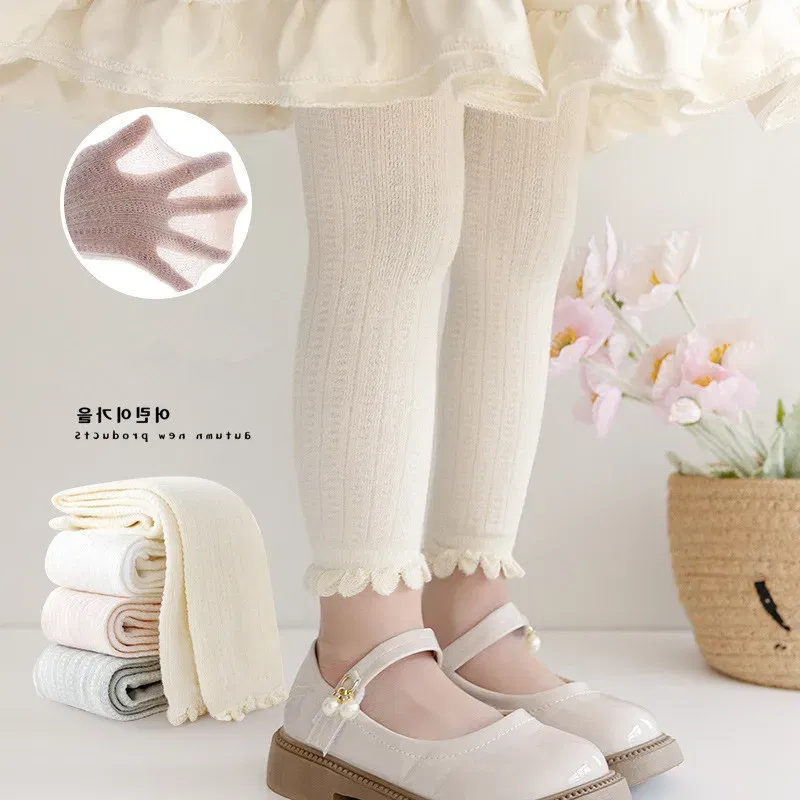 Color: Pink, Size: 104, Ships From: CHINA - Summer Spring Mesh Baby Girls Stretch Leggings Cotton Solid Ruffle Edge Toddler Kids Pants
