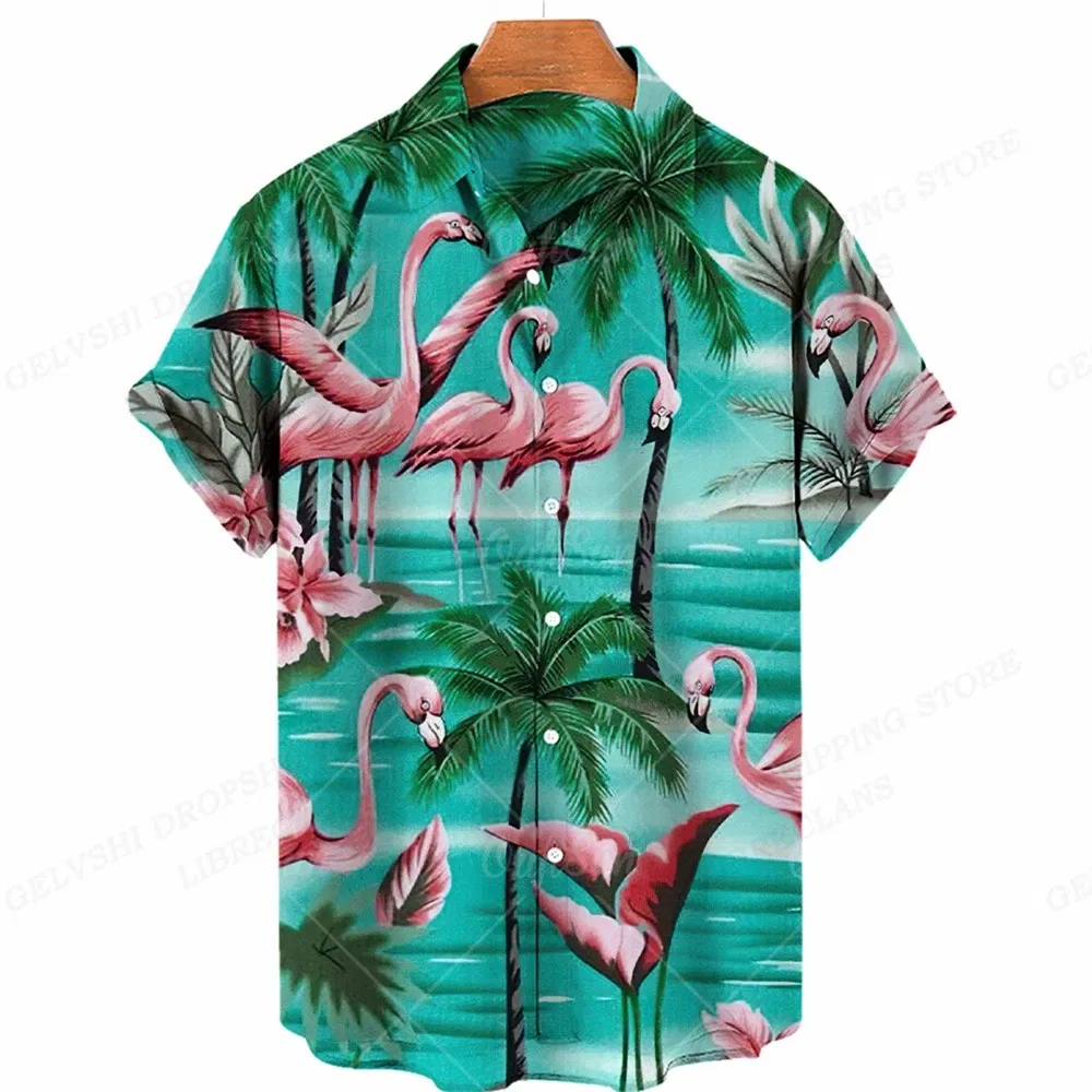 Color: MULTI, Size: 4XL - Flamingo Hawaiian Shirts Beach Summer Men's Shirt Tropic Leaf 3D Print Shirts Men Women Fashion Blouse Short Sleeve Vocation