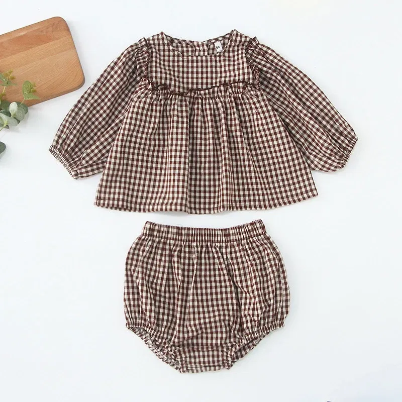 Color: Beige, Kid Size: 12M - Infant Baby Boys Girls Clothes Set Spring Autumn Kids Baby Boys Girls Long Sleeve Grid T-shirt + Shorts 2pcs Toddler Clothes