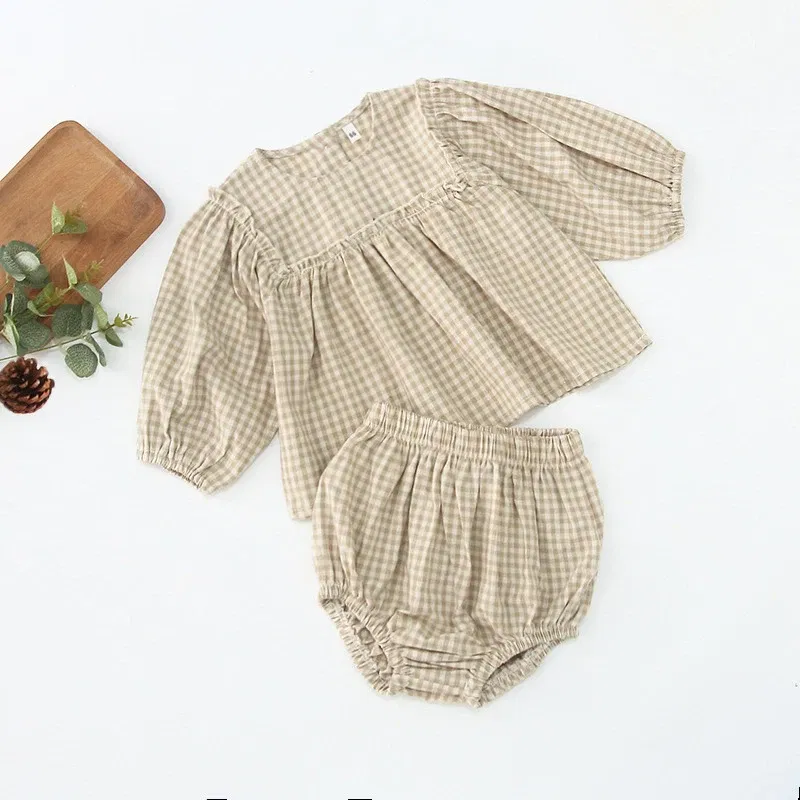 Color: Beige, Kid Size: 12M - Infant Baby Boys Girls Clothes Set Spring Autumn Kids Baby Boys Girls Long Sleeve Grid T-shirt + Shorts 2pcs Toddler Clothes