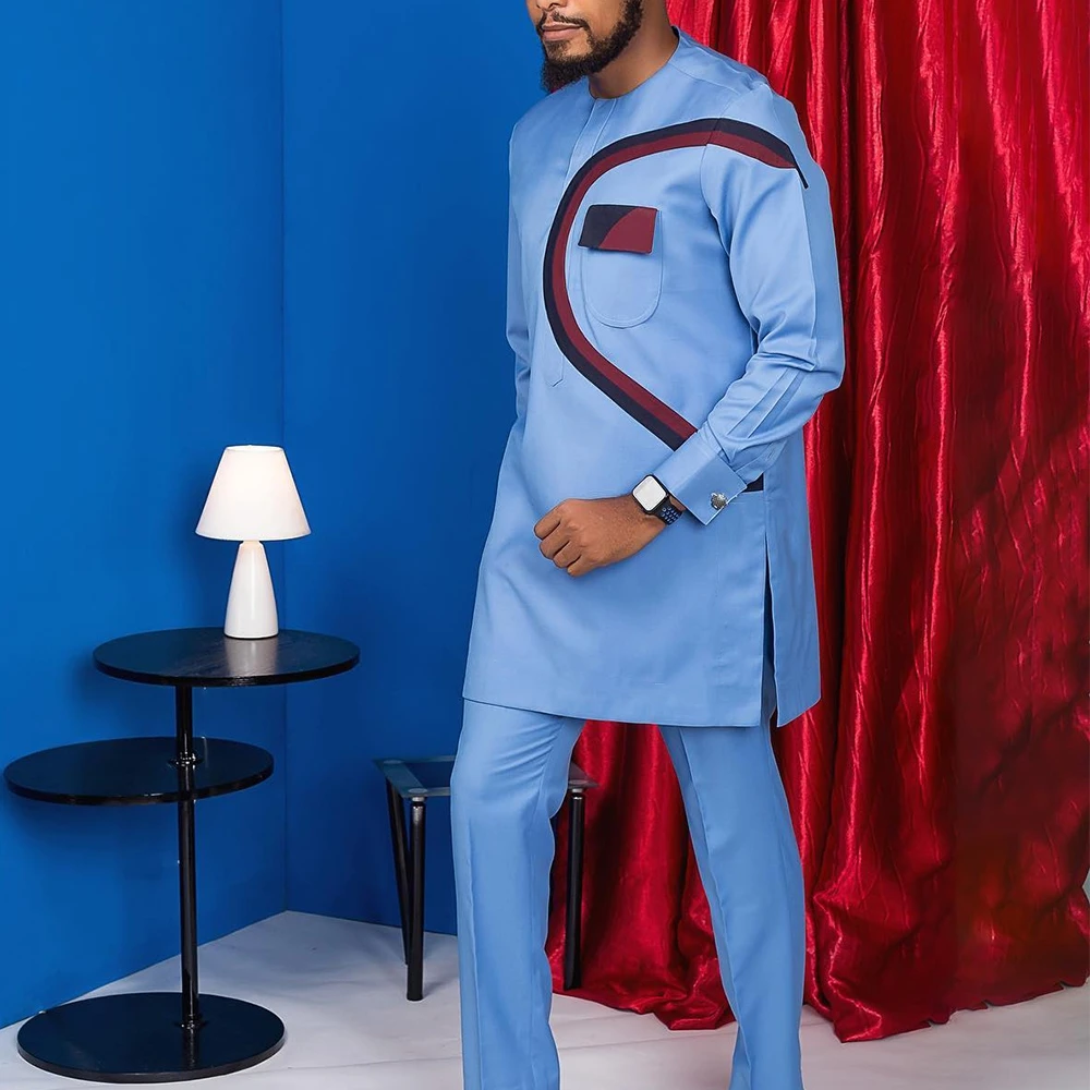 Color: SKY BLUE, Size: 4XL - New Men's Tenos Wedding 2-Piece Suit Waist Pants Shirt Solid Color Panel Long Sleeve Party African Ethnic Style Clothing (M-4XL)