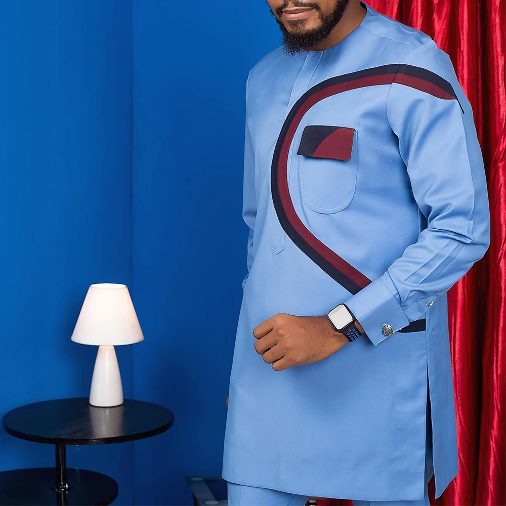 Color: SKY BLUE, Size: 4XL - New Men's Tenos Wedding 2-Piece Suit Waist Pants Shirt Solid Color Panel Long Sleeve Party African Ethnic Style Clothing (M-4XL)