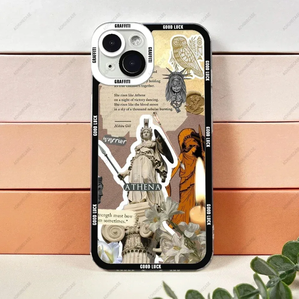 Color: Brown, Material: EVA - Aesthetic Statue Art Phone Case For iPhone 16 15 14 13 12 11 Pro Max XS X XR Plus Mini Luxury Transparent Soft Funda