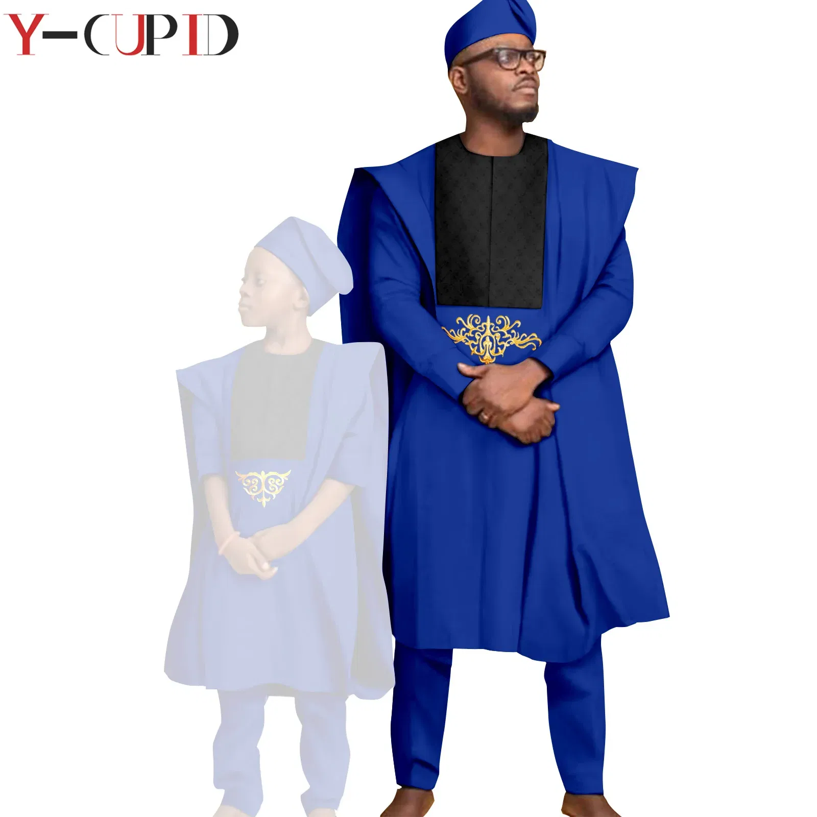 Color: Beige, Size: XXL - African Clothes for Men Top Pants Robes Hat Sets Match Kid Boy Sets Dashiki Father and Son Bazin Riche Family Outfits Y20F001