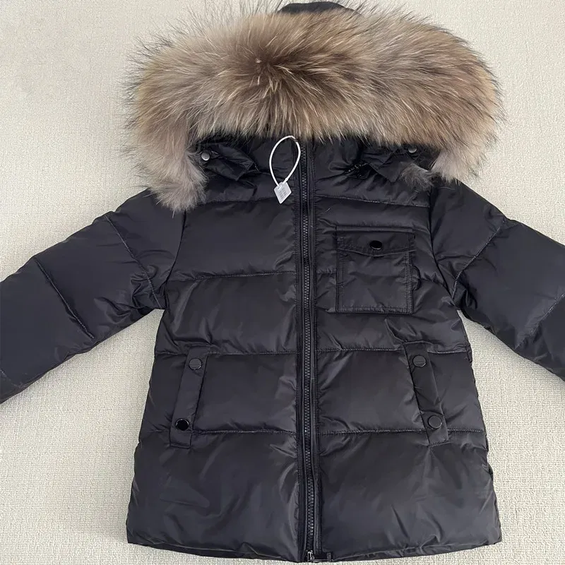 Color: Khaki, Kid Size: 8 - Kids Winter Down Jacket Shiny Real Raccoon Fur Collar Toddler Boys Hooded Coat Baby Girls Warm Snowsuit Children's Parkas