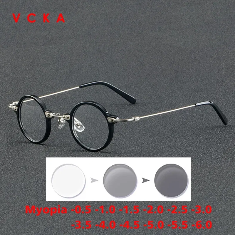 Frame Color: Blue, Eye Prescription: +75 - VCKA Anti-blue Discolor Acetate+Titanium Myopia Glasses Frames Small Round Men Prescription Optical Women Eyewear -0.50 to -10.0