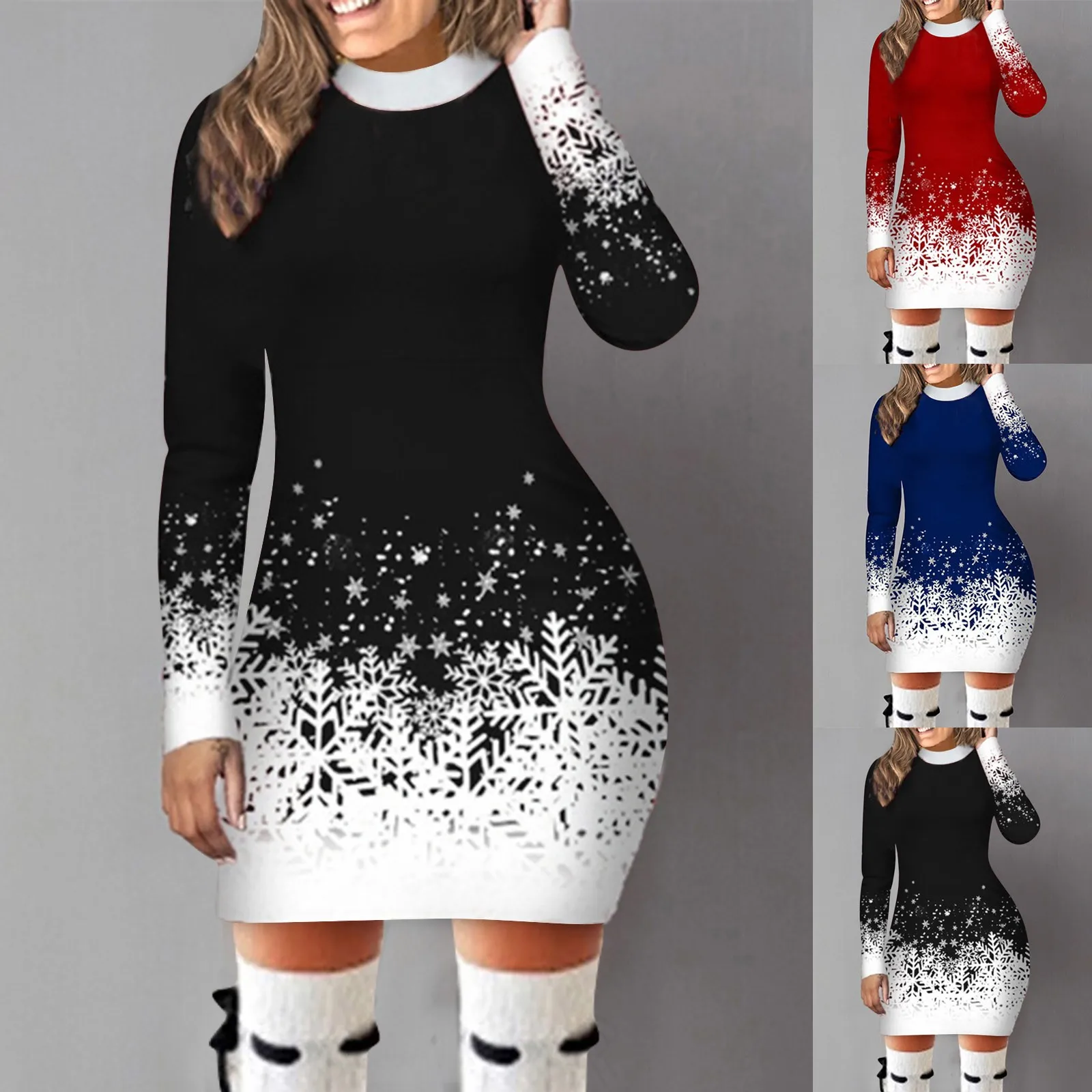Color: Red, Size: L, Ships From: CN - Women's Christmas Dress Hip Wrap Slim Fit Autumn Winter 2024 Dresses Round Neck Snowflake Printed Long-sleeved Party Clothes