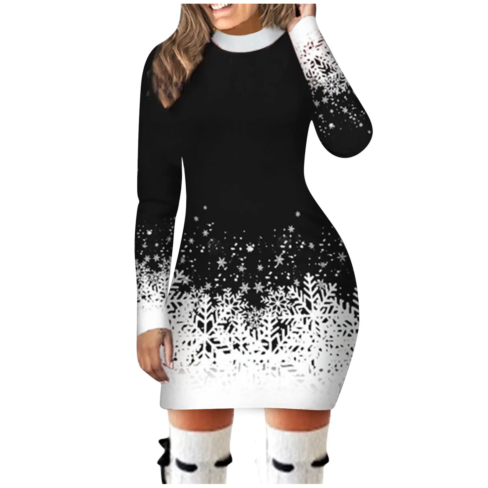 Color: Red, Size: L, Ships From: CN - Women's Christmas Dress Hip Wrap Slim Fit Autumn Winter 2024 Dresses Round Neck Snowflake Printed Long-sleeved Party Clothes