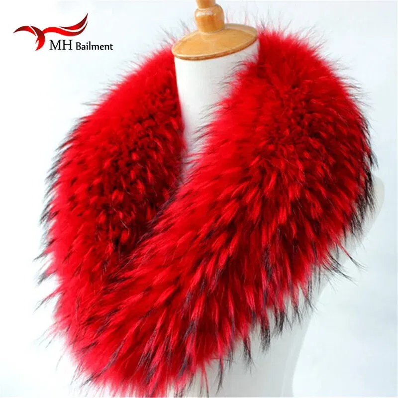 Color: WHITE, Size: M - Real Raccoon Fur Scarves Woman 100% Pure Natural Raccoon Fur Collar Warm Winter Scarves Red Fox Fur Collar L#1