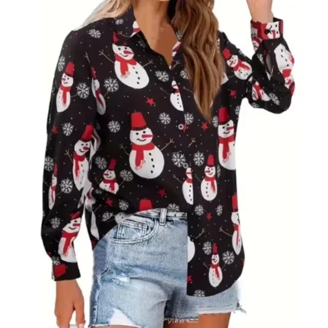 Color: Blue, Size: L, Ships From: CHINA - Women New Christmas Shirt Cute Christmas Tree Santa Claus Print Blouses Casual Long Sleeve Button Tops Autumn Blouses Ladies