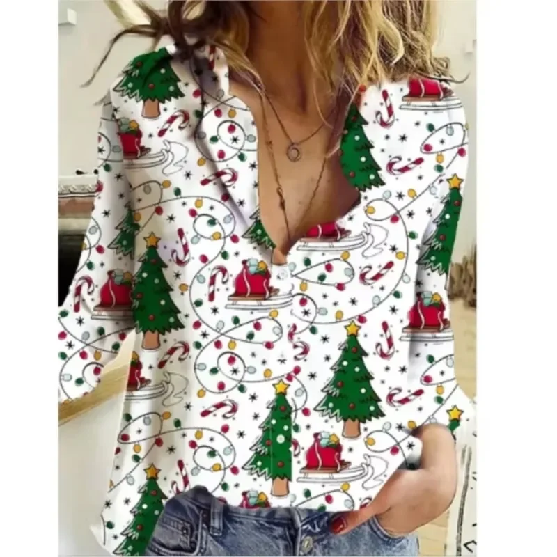 Color: Blue, Size: L, Ships From: CHINA - Women New Christmas Shirt Cute Christmas Tree Santa Claus Print Blouses Casual Long Sleeve Button Tops Autumn Blouses Ladies