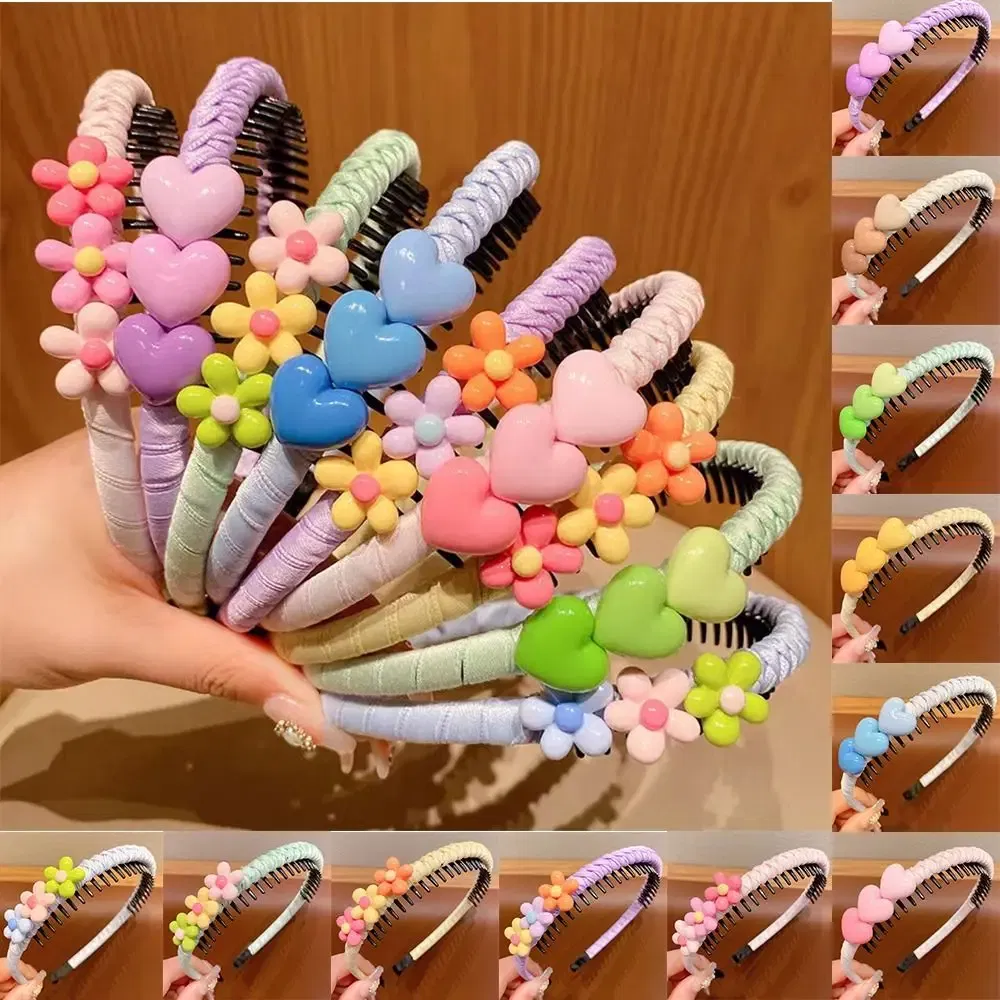 Color: Pink - Love Hear Children Teethed Hair Hoop Cartoon Flower Korean Hair Band Hair Wear Girls