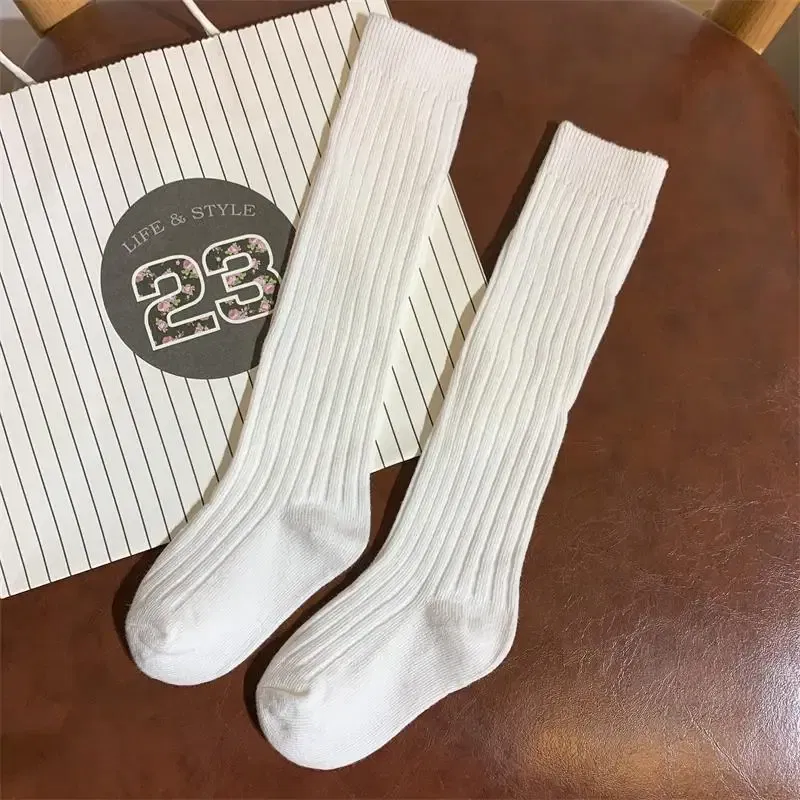 Color: Beige, Size: 7-9T - Baby Long Socks Over The Knee Little Girls Solid Cotton Socks Spring Autumn Long Crew Socks