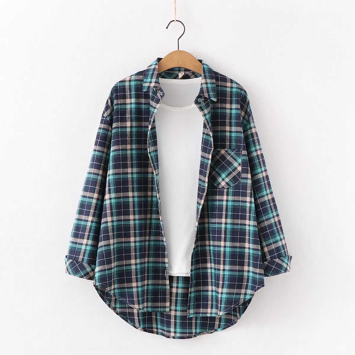 Color: GRAY, Size: XL - Fresh Flannel Plaid Shirt Women 2025 New Female Blouses and Tops Cotton Loose Long Sleeve Casual Shirts Fine Women's Clothes