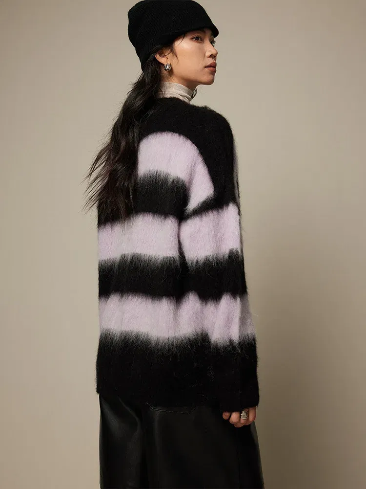 Color: black, Size: One Size - SuyaDream, Alpace Pullovers for Woman, O Neck Dropped Sleeved, Loose Striped Sweaters, 2025 Fall Winter Top, Pink, Black, Khaki