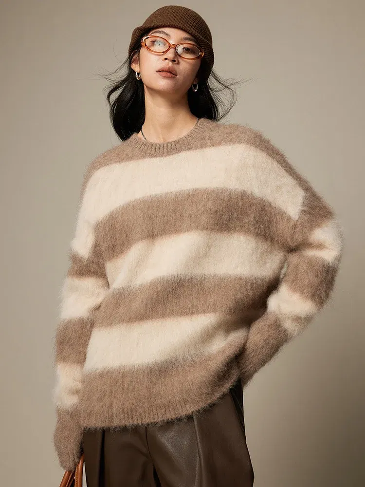 Color: black, Size: One Size - SuyaDream, Alpace Pullovers for Woman, O Neck Dropped Sleeved, Loose Striped Sweaters, 2025 Fall Winter Top, Pink, Black, Khaki