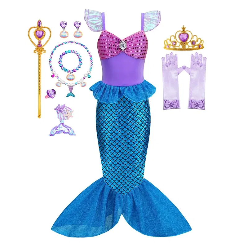 Color: Gold, Kid Size: 12 - Disney Little Mermaid Ariel Costumes for Girls Princess Dress Cosplay Halloween Carnival Kids Birthday Party Dress Up Clothing