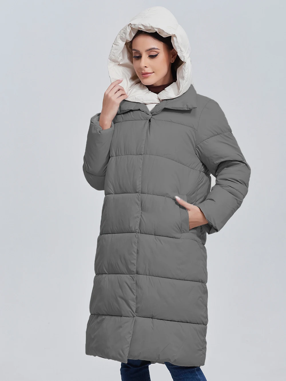 Color: GRAY, Size: L - Marwin 2023 Winter Elegant Women's Cotton Coat Stylish Collar Long Warm Hooded Jacket Female Windproof Parka