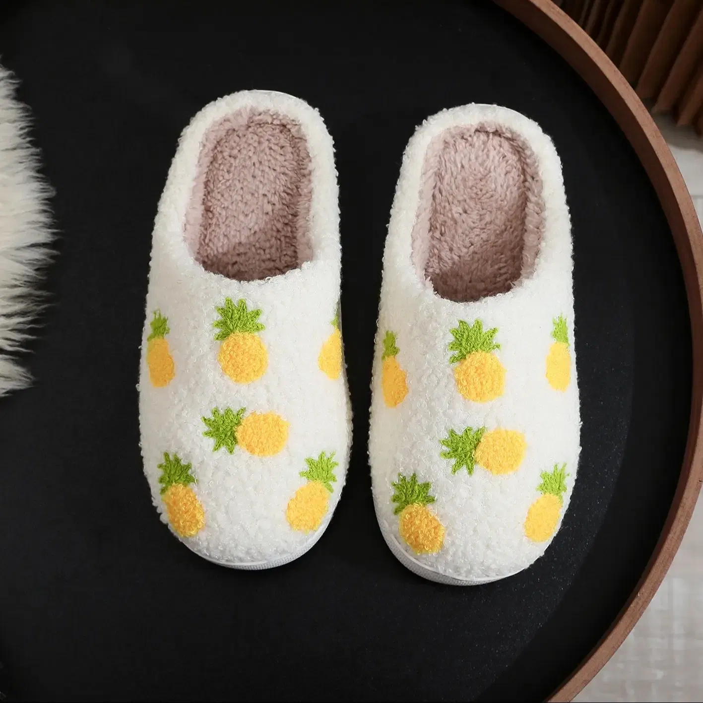 Color: WHITE, Shoe Size: 40 - Winter home household seven pineapple cotton slippers non-slip thickeneding small fresh cotton slippers