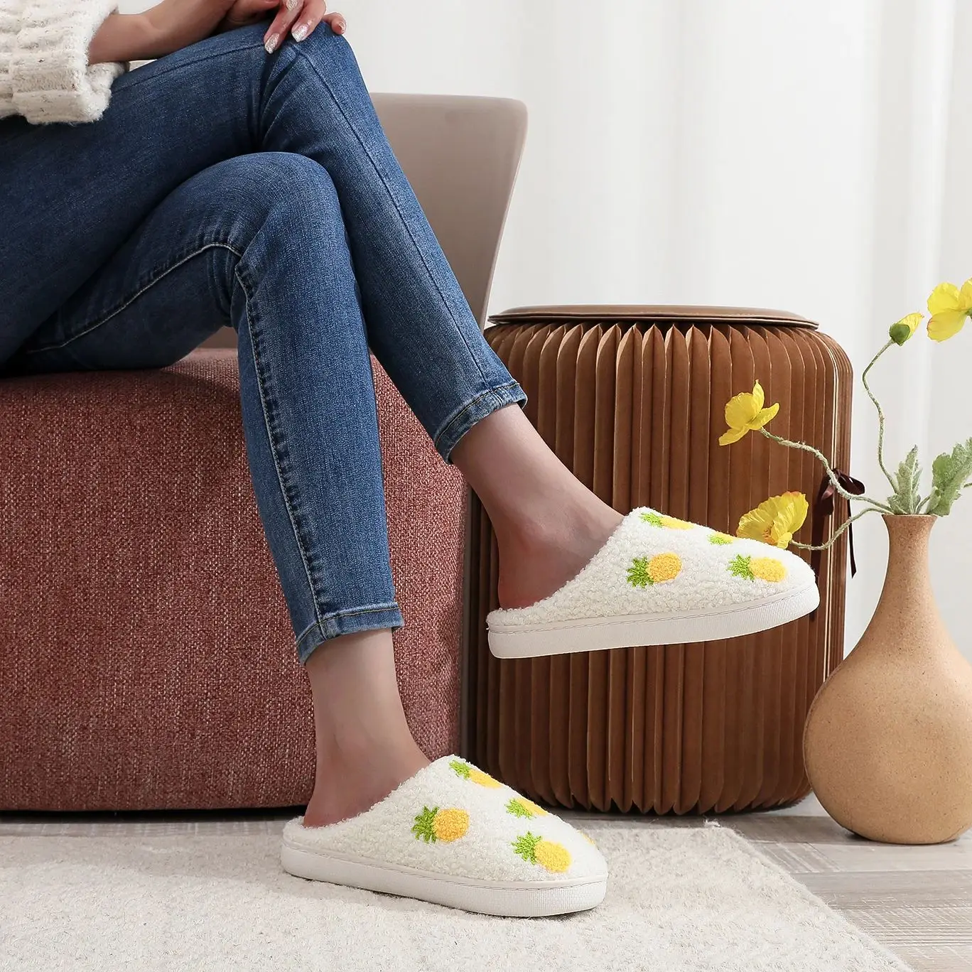 Color: WHITE, Shoe Size: 40 - Winter home household seven pineapple cotton slippers non-slip thickeneding small fresh cotton slippers