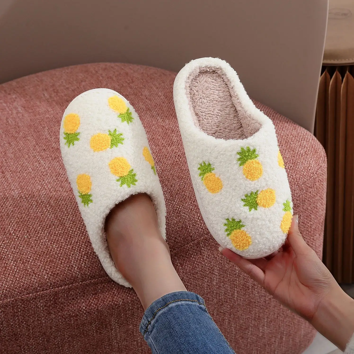 Color: WHITE, Shoe Size: 40 - Winter home household seven pineapple cotton slippers non-slip thickeneding small fresh cotton slippers