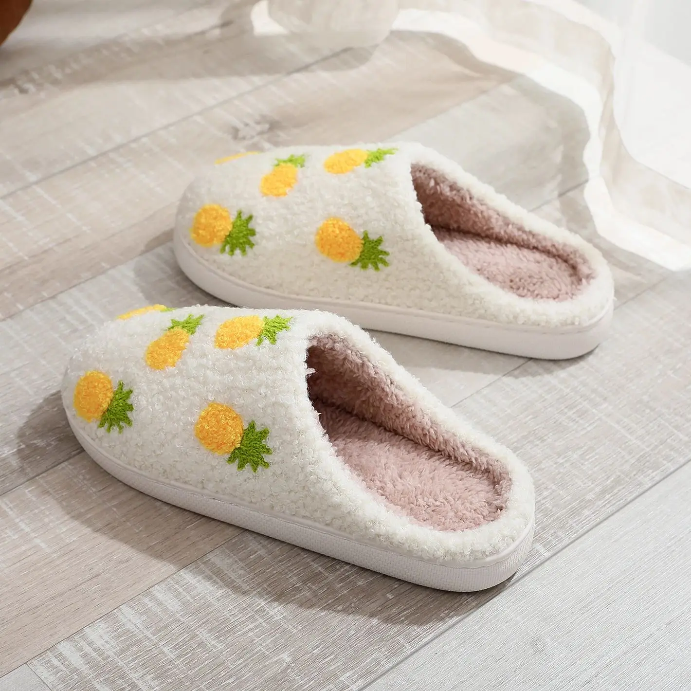 Color: WHITE, Shoe Size: 40 - Winter home household seven pineapple cotton slippers non-slip thickeneding small fresh cotton slippers