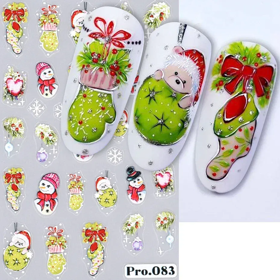 Color: light yellow - 5D Embossed Elk Nail Art Sticker Cute Christmas Winter Santa Claus Snowflake Gingerbread Man Engraved Slider Manicure Decoration