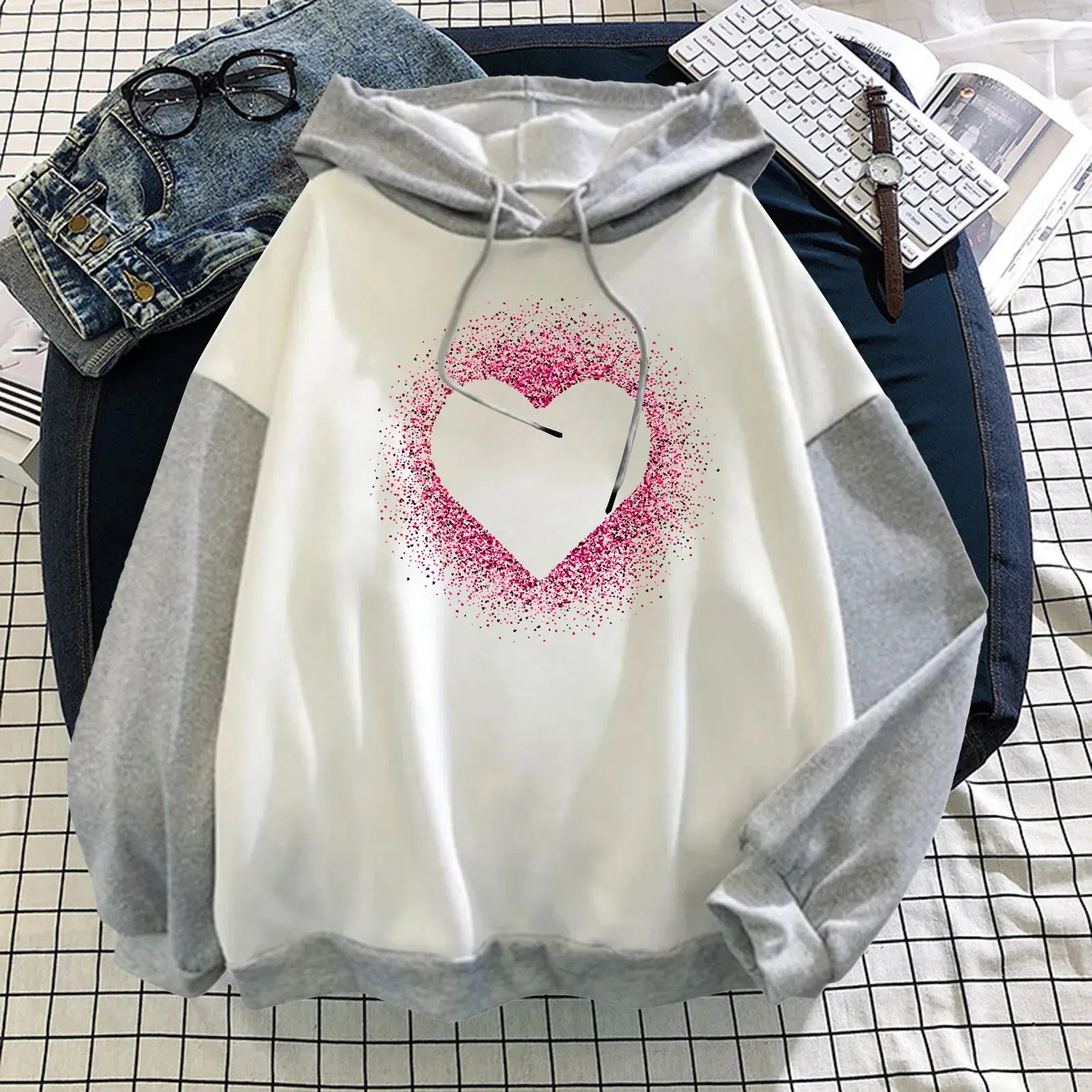 Color: Light  Blue, Size: XXL, Ships From: CN - Women Casual Long Sleeve Sweatshirt Love Print Drawstring Pullover Hoodie Color Block Tops Pullover Casual Top
