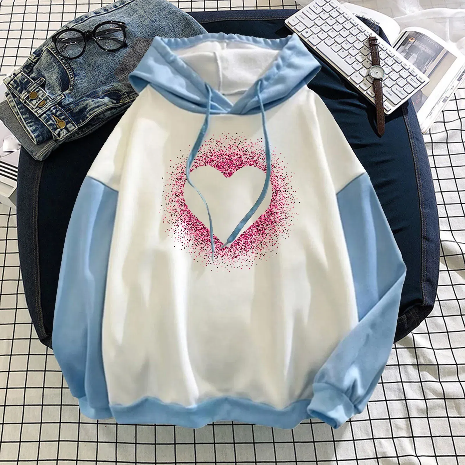 Color: Light  Blue, Size: XXL, Ships From: CN - Women Casual Long Sleeve Sweatshirt Love Print Drawstring Pullover Hoodie Color Block Tops Pullover Casual Top