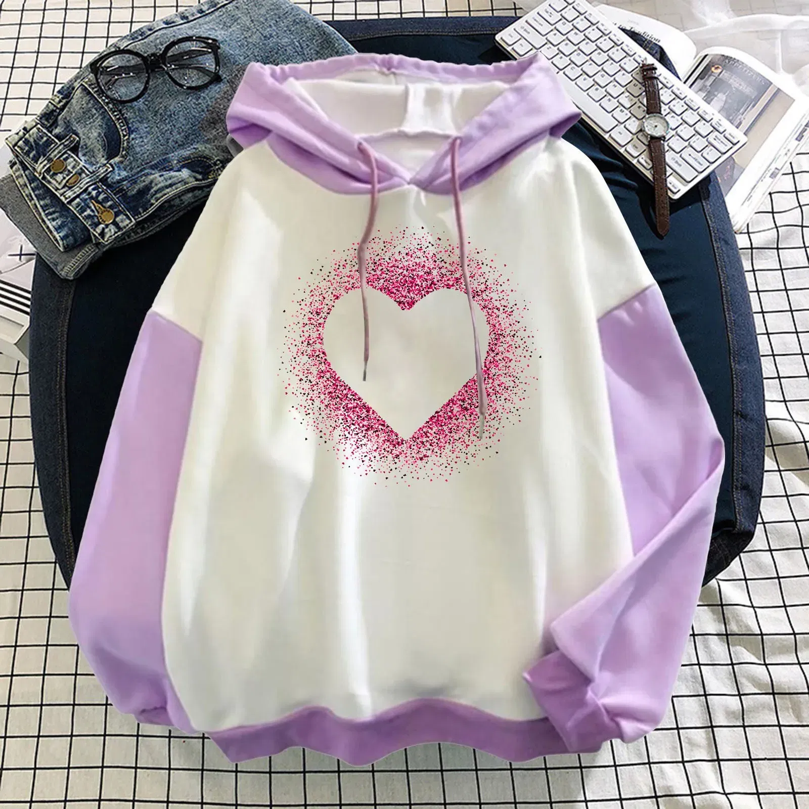 Color: Light  Blue, Size: XXL, Ships From: CN - Women Casual Long Sleeve Sweatshirt Love Print Drawstring Pullover Hoodie Color Block Tops Pullover Casual Top