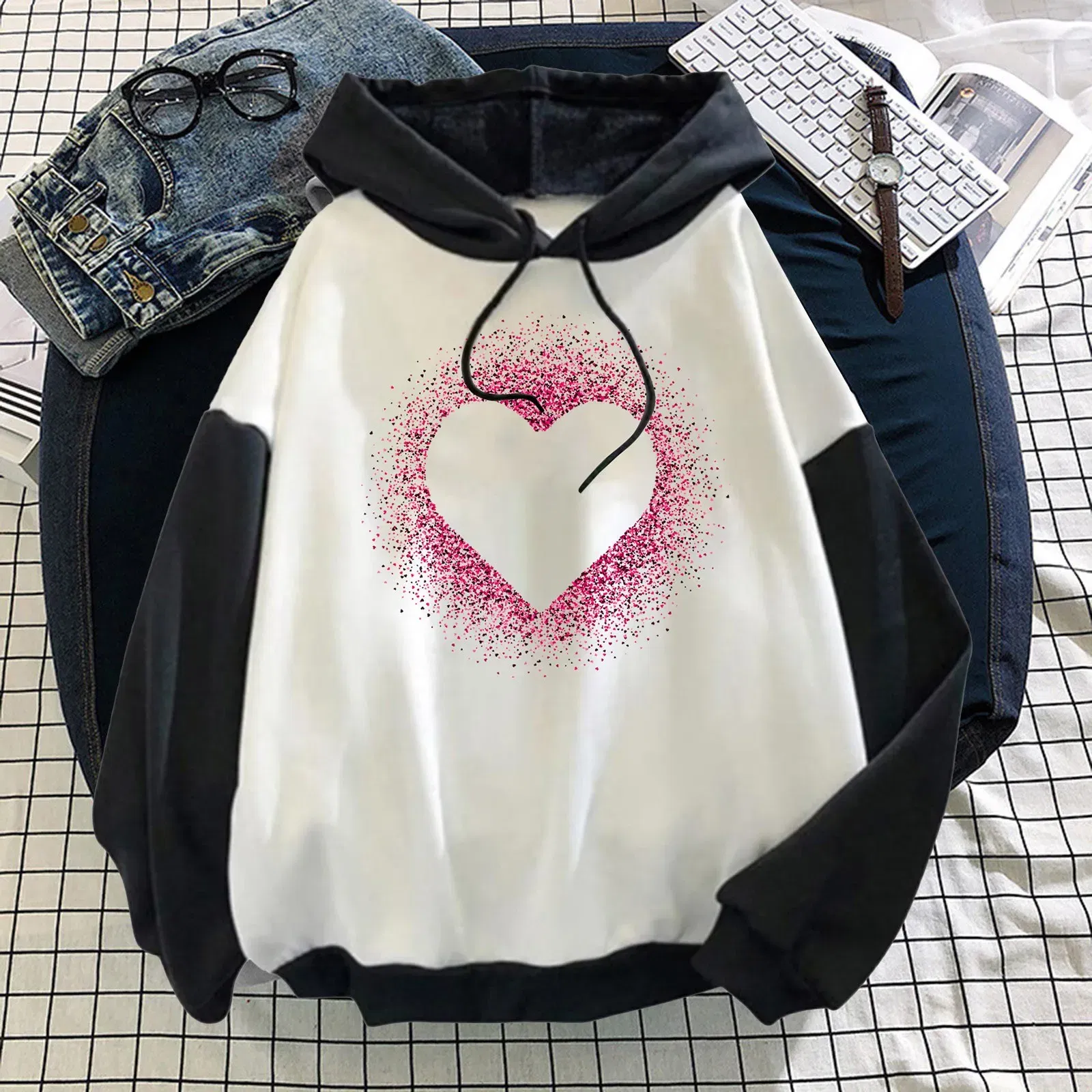 Color: Light  Blue, Size: XXL, Ships From: CN - Women Casual Long Sleeve Sweatshirt Love Print Drawstring Pullover Hoodie Color Block Tops Pullover Casual Top