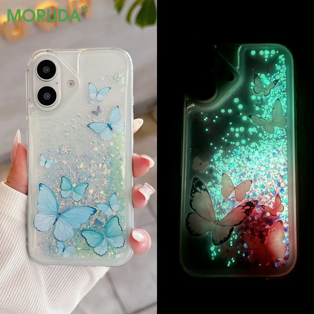Color: Blue, Material: PP - Luminous Quicksand Glitter Butterfly Case for iPhone 16 15 14 Pro Max Plus 13 12 Mini 11 X Xs XR Soft Silicone Bling Shiny Cover