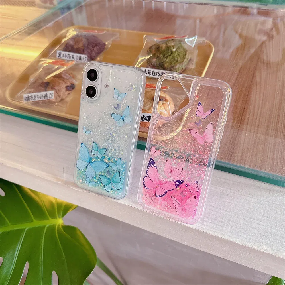 Color: Blue, Material: PP - Luminous Quicksand Glitter Butterfly Case for iPhone 16 15 14 Pro Max Plus 13 12 Mini 11 X Xs XR Soft Silicone Bling Shiny Cover